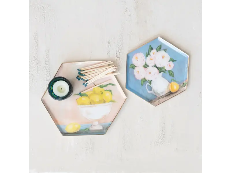 Creative Co-OP Hexagon Enameled Metal Trays with Gold Edges, LARGE
