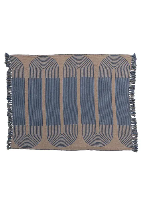 Woven Recycled Cotton Blend Throw w/ Pattern & Fringe, Blue & Tan Color