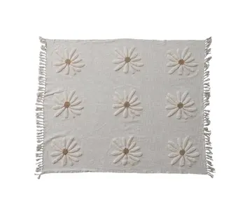 Cotton Slub Throw with Tufted Flowers & Fringe, Natural & Tan Color