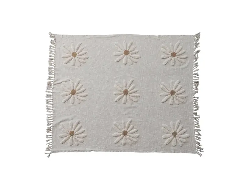 Creative Co-OP Cotton Slub Throw with Tufted Flowers & Fringe, Natural & Tan Color