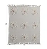 Creative Co-OP Cotton Slub Throw with Tufted Flowers & Fringe, Natural & Tan Color