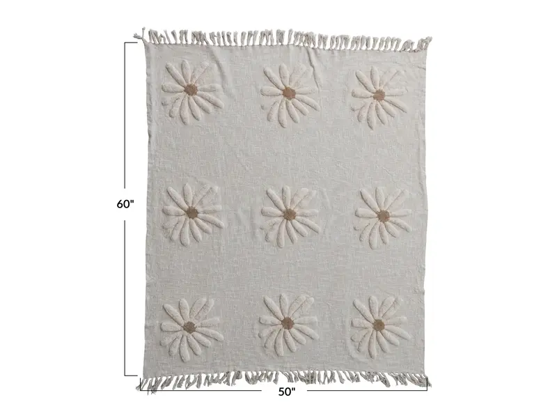Creative Co-OP Cotton Slub Throw with Tufted Flowers & Fringe, Natural & Tan Color