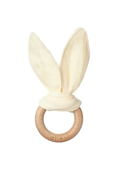Crinkle Bunny Ears Wooden Ring Teething Toy For Baby (Beige)
