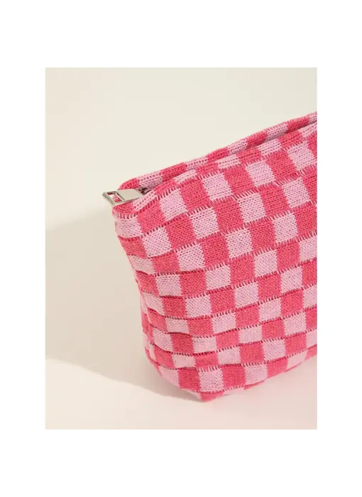 Travel Checker Makeup Cosmetic Pouch Bag - Hot Pink