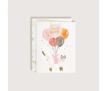 Happy Birthday Balloon Cat with Gold Confetti Greeting Card
