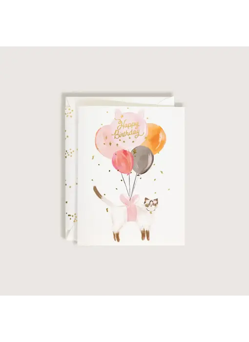 Happy Birthday Balloon Cat with Gold Confetti Greeting Card