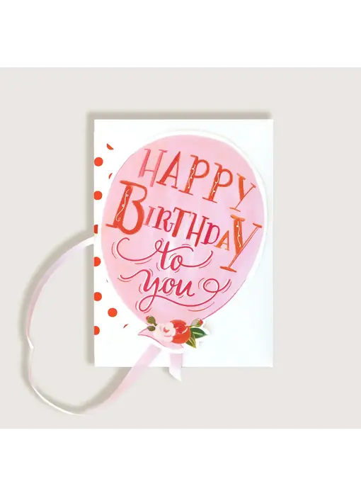 Happy Birthday Pink Balloon with Pink Ribbon Greeting Card