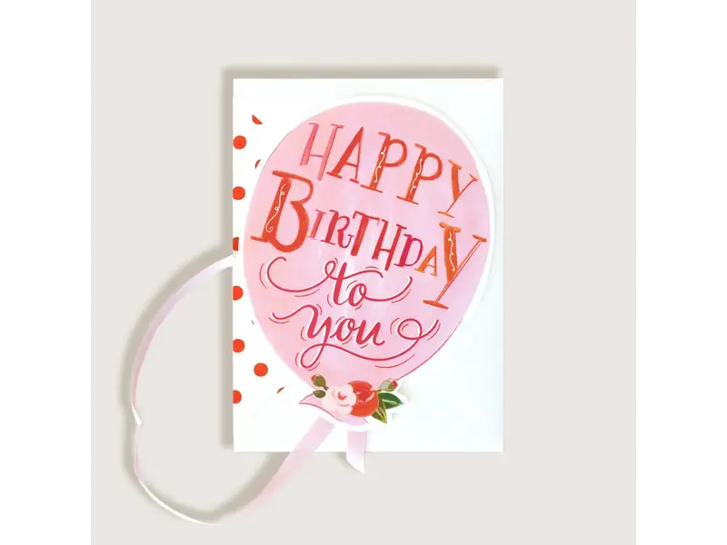 The First Snow Happy Birthday Pink Balloon with Pink Ribbon Greeting Card