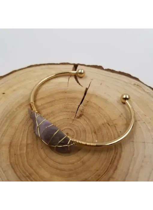 Gold Crystal Cuff Gem Stone Bangle Boho Bracelet- Amethyst