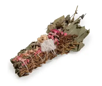6" Pink Flower Floral Smudge Wand with Quartz Crystal