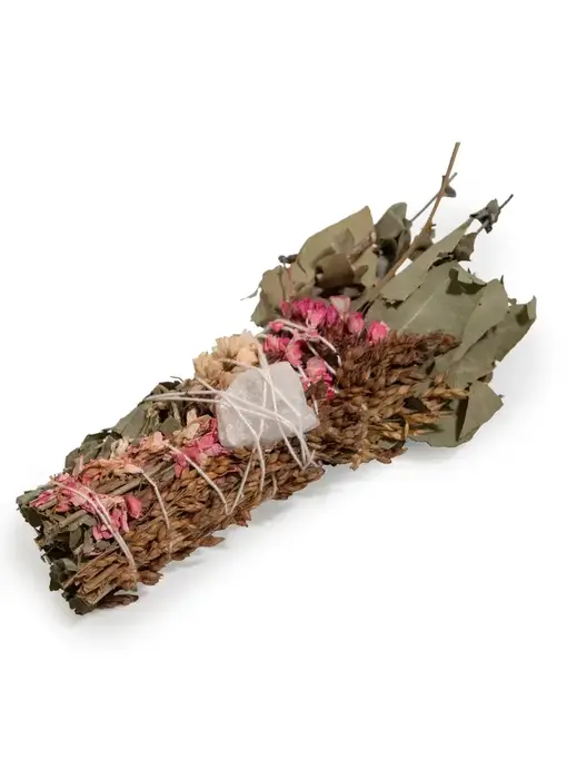 6" Pink Flower Floral Smudge Wand with Quartz Crystal