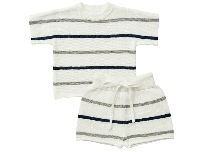 Mebie Baby Sage + Navy Stripe Knit Short Set 2T