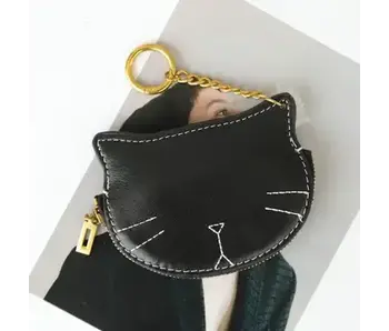 Leather Kitty Coin Purse Charm/Key Chain - Black