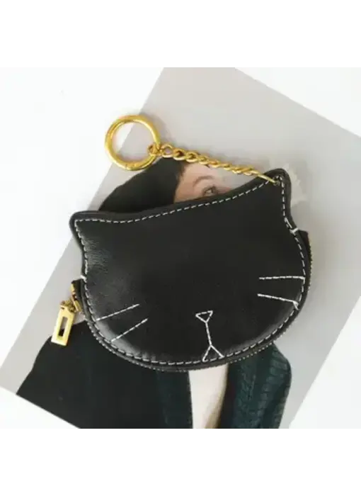 Leather Kitty Coin Purse Charm/Key Chain - Black