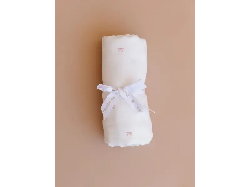 The Blueberry Hill Swaddle Pink Bow Baby Girl Organic Cotton Muslin Blanket