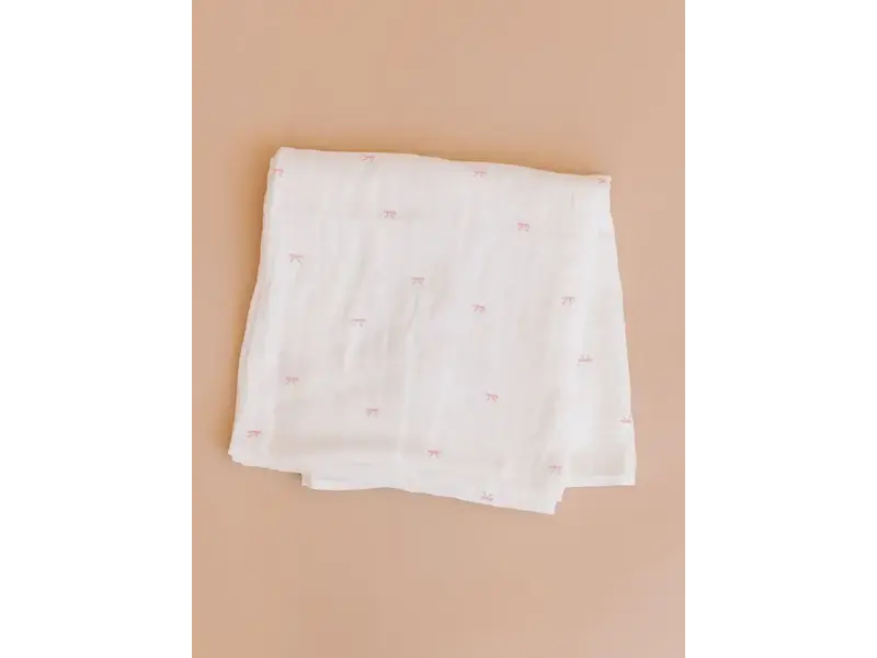 The Blueberry Hill Swaddle Pink Bow Baby Girl Organic Cotton Muslin Blanket