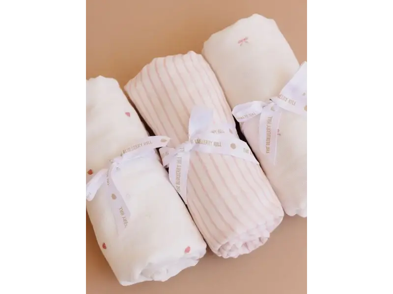 The Blueberry Hill Swaddle Pink Bow Baby Girl Organic Cotton Muslin Blanket