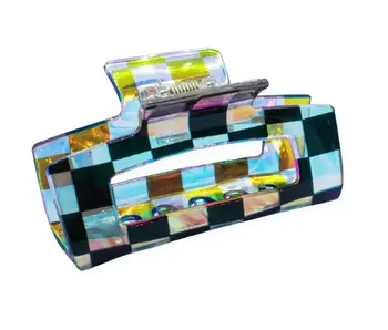 Medium Square Iridescent Checkered Hair Claw Clip Black