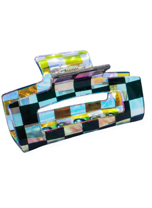 Medium Square Iridescent Checkered Hair Claw Clip Black