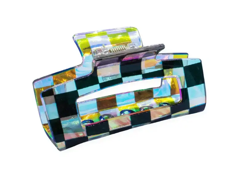 Frog Sac Medium Square Iridescent Checkered Hair Claw Clip Black