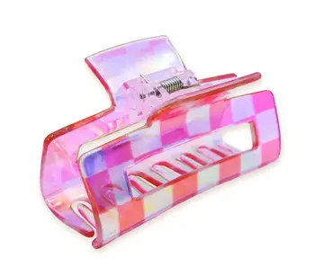 Medium Square Iridescent Checkered Hair Claw Clip Pink
