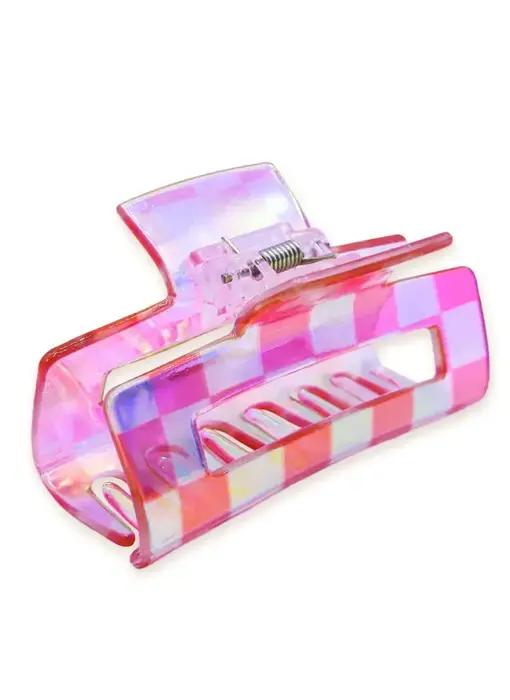 Medium Square Iridescent Checkered Hair Claw Clip Pink