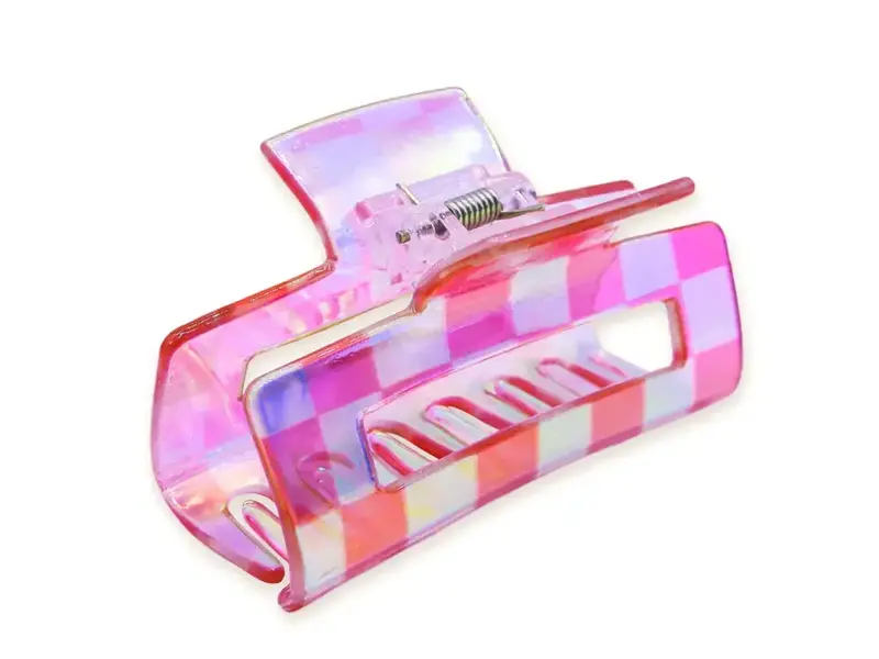 Frog Sac Medium Square Iridescent Checkered Hair Claw Clip Pink