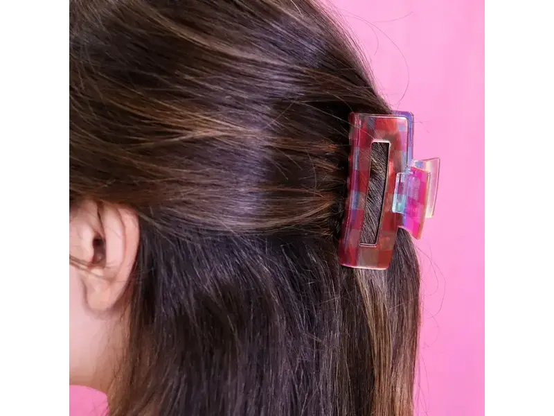 Frog Sac Medium Square Iridescent Checkered Hair Claw Clip Pink