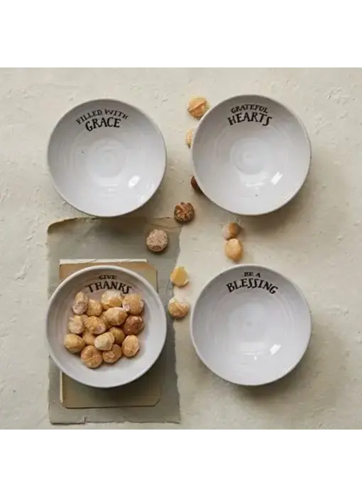 Stoneware Bowl w/ Stamped Saying, Cream Color, 4 Styles; 4" Round x 1-1/2"H