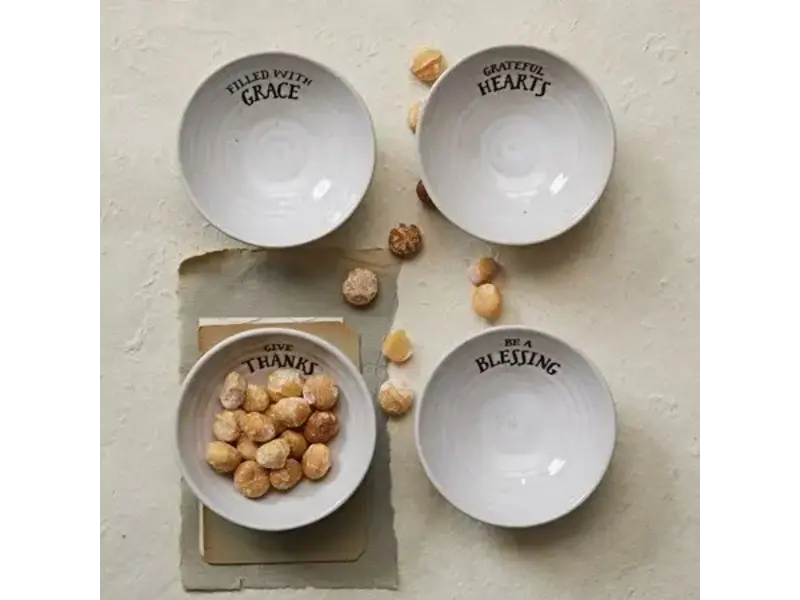 Creative Co-OP Stoneware Bowl w/ Stamped Saying, Cream Color, 4 Styles; 4" Round x 1-1/2"H