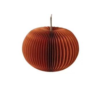 Recycled Paper Folding Honeycomb Pumpkin w/ Twig Stem, Orange Color; Large