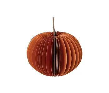 Recycled Paper Folding Honeycomb Pumpkin w/ Twig Stem, Orange Color; Medium