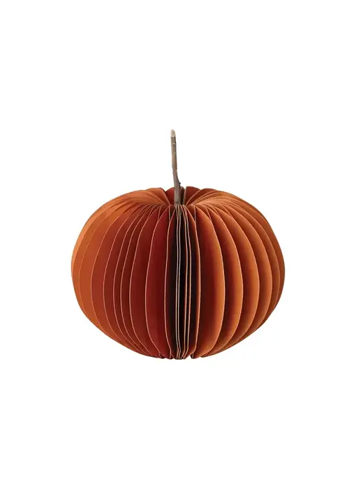 Recycled Paper Folding Honeycomb Pumpkin w/ Twig Stem, Orange Color; Medium