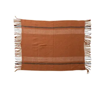 Brushed Acrylic & New Zealand Wool Throw with Stripes & Fringe - Nutmeg