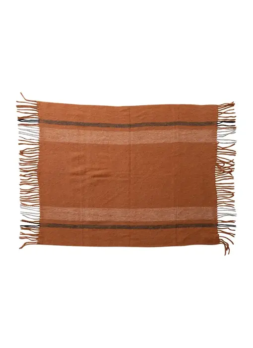 Brushed Acrylic & New Zealand Wool Throw with Stripes & Fringe - Nutmeg