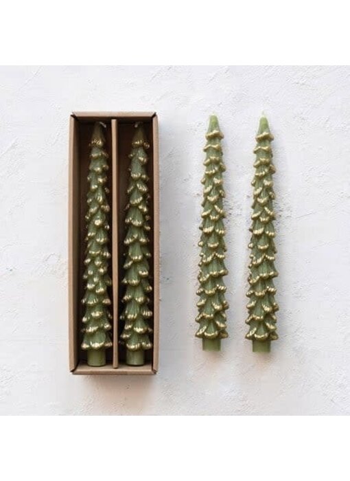 Tree Shaped Taper Candles w/ Gold Tips in Box, Evergreen Color, Set of 2, Unscented