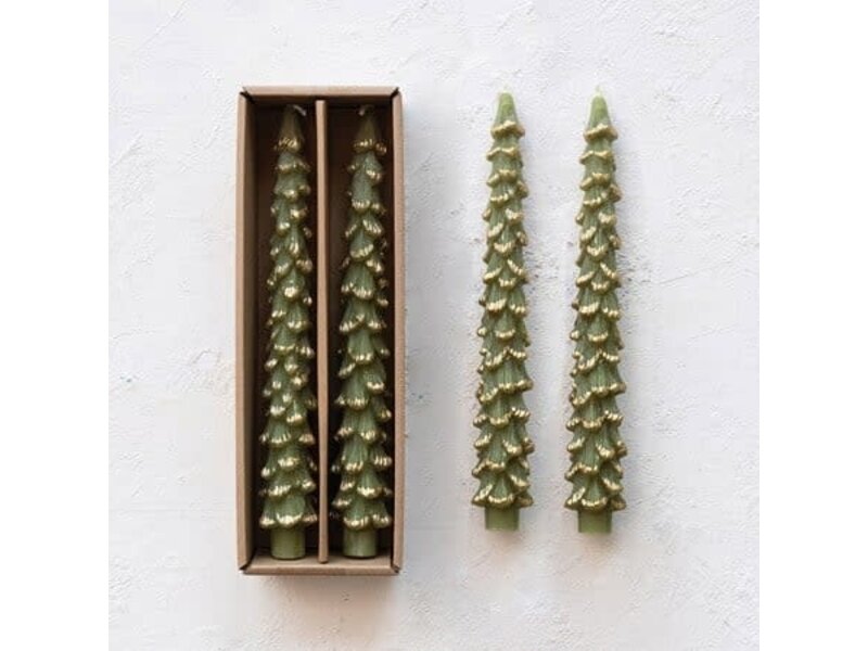 Creative Co-OP Tree Shaped Taper Candles w/ Gold Tips in Box, Evergreen Color, Set of 2, Unscented