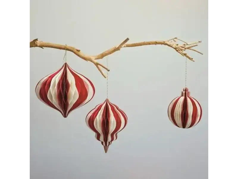 Creative Co-OP Paper Folding Honeycomb Ornament w/ Gold Glitter Edge, Cream Color & Red, 2 Styles