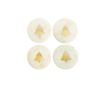 Marble Coasters w/ Brass Tree Inlay, White, Set of 4