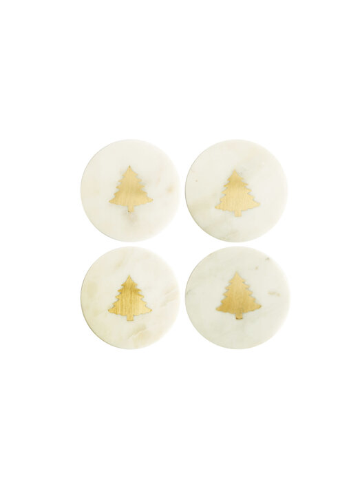 Marble Coasters w/ Brass Tree Inlay, White, Set of 4