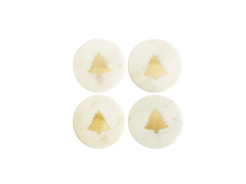 Creative Co-OP Marble Coasters w/ Brass Tree Inlay, White, Set of 4