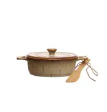 Creative Co-OP Stoneware Brie Baker w/ Wood Tree Shaped Spoon, Red, Set of 2 (Each One Will Vary)