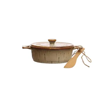 Stoneware Brie Baker w/ Wood Tree Shaped Spoon, Red, Set of 2 (Each One Will Vary)