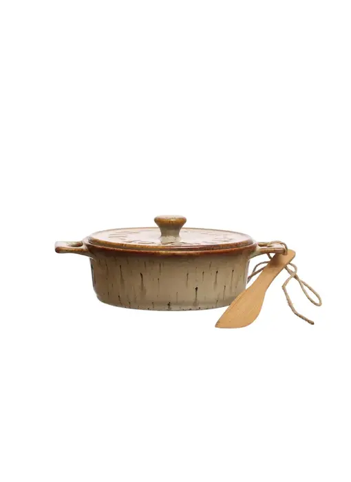 Stoneware Brie Baker w/ Wood Tree Shaped Spoon, Red, Set of 2 (Each One Will Vary)