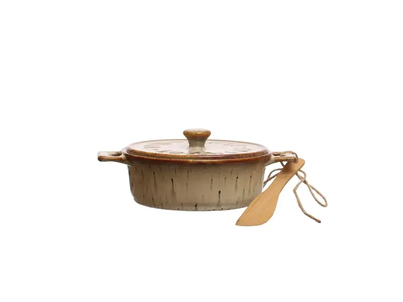 Creative Co-OP Stoneware Brie Baker w/ Wood Tree Shaped Spoon, Red, Set of 2 (Each One Will Vary)