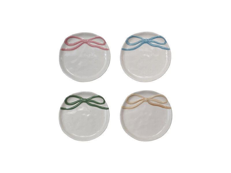 Creative Co-OP Round Stoneware Dish with Bow, 4 Colors, 4.25"