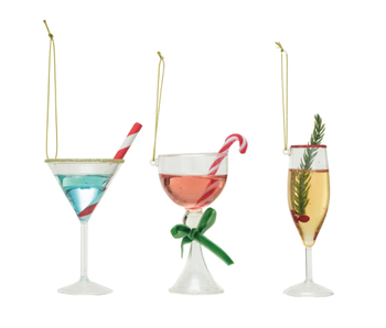 Glass Holiday Cocktail Ornament w/ Glitter, 3 Styles ©