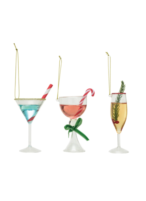 Glass Holiday Cocktail Ornament w/ Glitter, 3 Styles ©