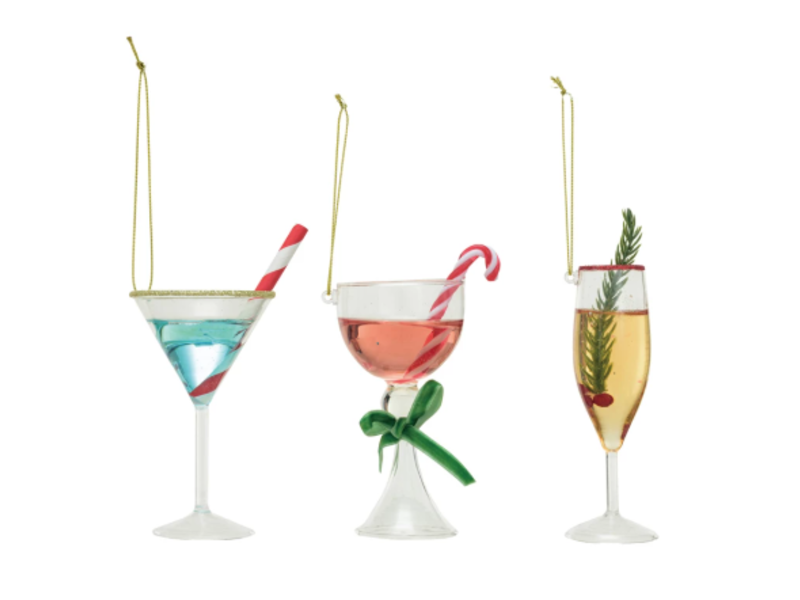 Creative Co-OP Glass Holiday Cocktail Ornament w/ Glitter, 3 Styles ©