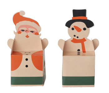 Handmade Printed Santa/Snowman Shaped Gift Box, 2 Styles; 3-1/4" Square x 7-1/2"H